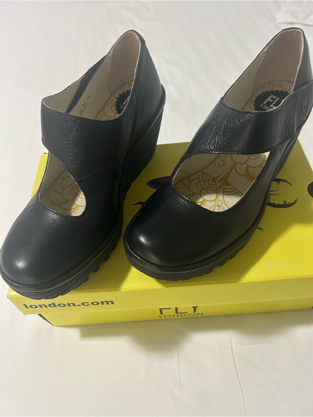 FLY London Black Leather Platform Mary Jane Wedges size 38 in US women size 7